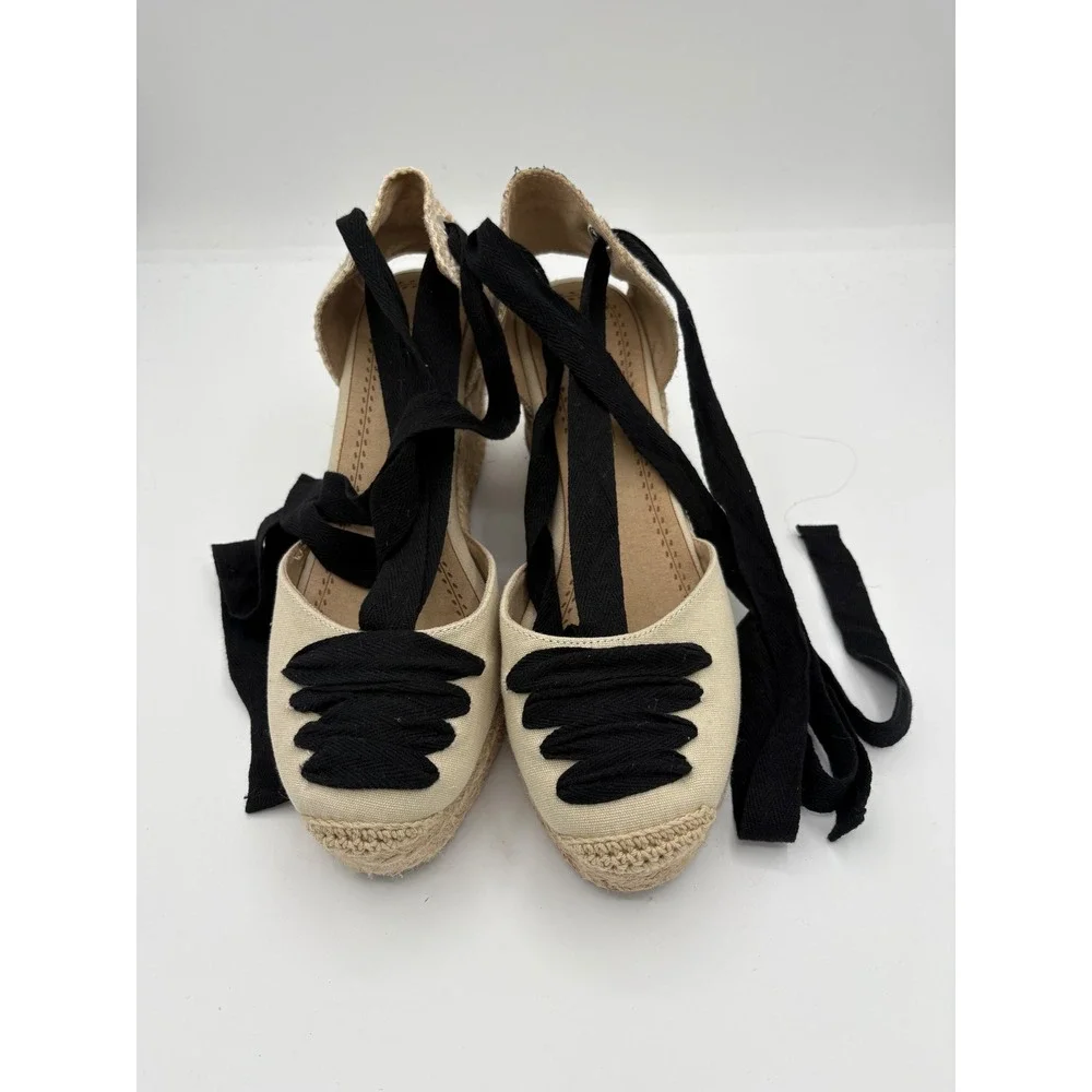 Corina Womens Espadrille Wedge Sandals Beige Black Ribbon Ankle Tie Size 40